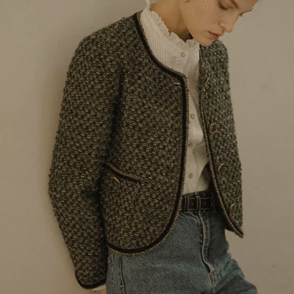 LENINA Coco Cropped Tweed Jacket Black and Green One Size - Picture 3 of 11